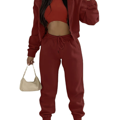 Solid Casual Three-piece Set, Zip Up Hooded Jacket & Sleeveless Crew Neck Tank Top & Drawstring Elastic Waist Jogger Pants Outfits, Women's Clothing