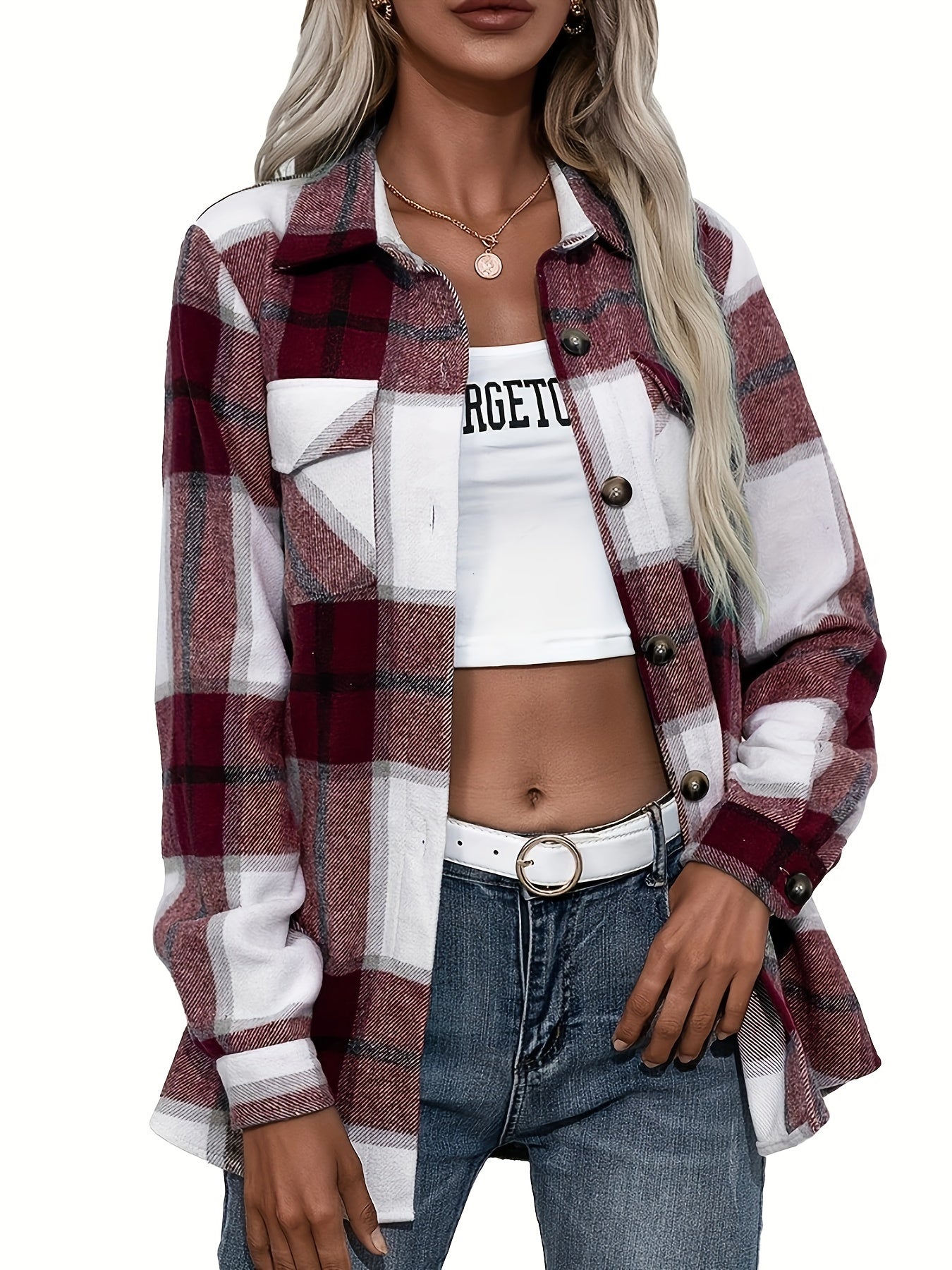 dunnmall  Plaid Button Front Jacket, Casual Lapel Long Sleeve Outwear, Women's Clothing