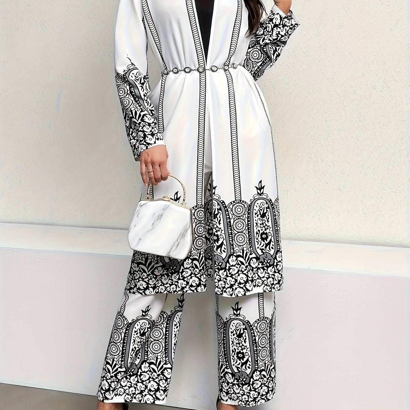 Tribal Print Matching Two-piece Set, Casual Open Front Long Sleeve Top & Wide Leg Pants Outfits, Women's Clothing