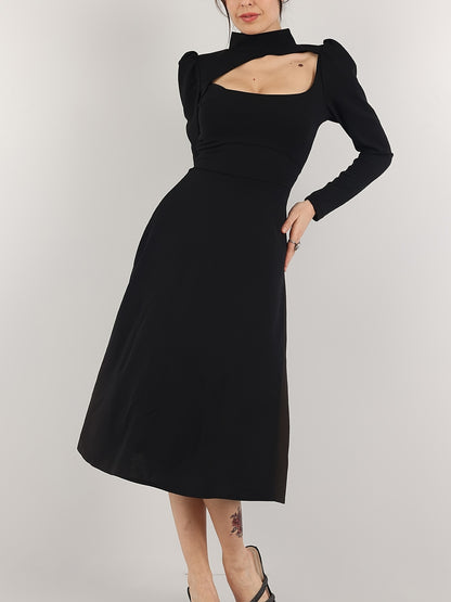 dunnmall  Cut Out Mock Neck Dress, Sexy Long Sleeve Solid Midi Dress, Women's Clothing