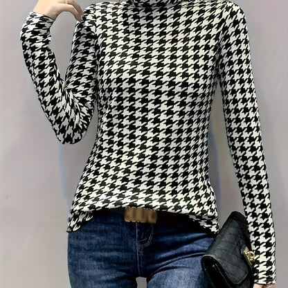 Houndstooth Print Turtleneck T-Shirt, Casual Long Sleeve Top For Spring & Fall, Women's Clothing