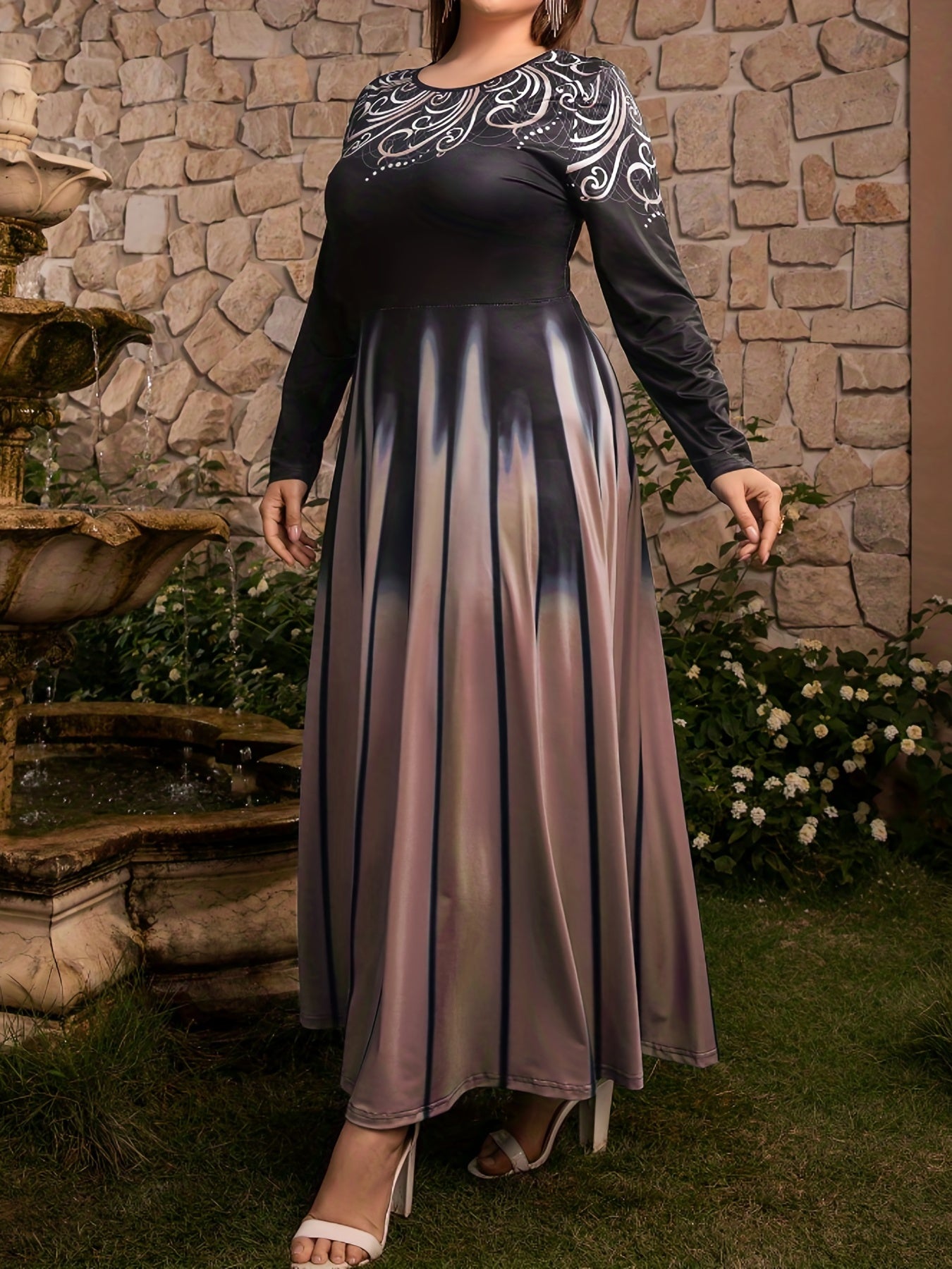 Plus Size Romantic Abaya Dress, Women's Plus Graphic Print Long Sleeve Round Neck Maxi Ombre Jalabiya Dress