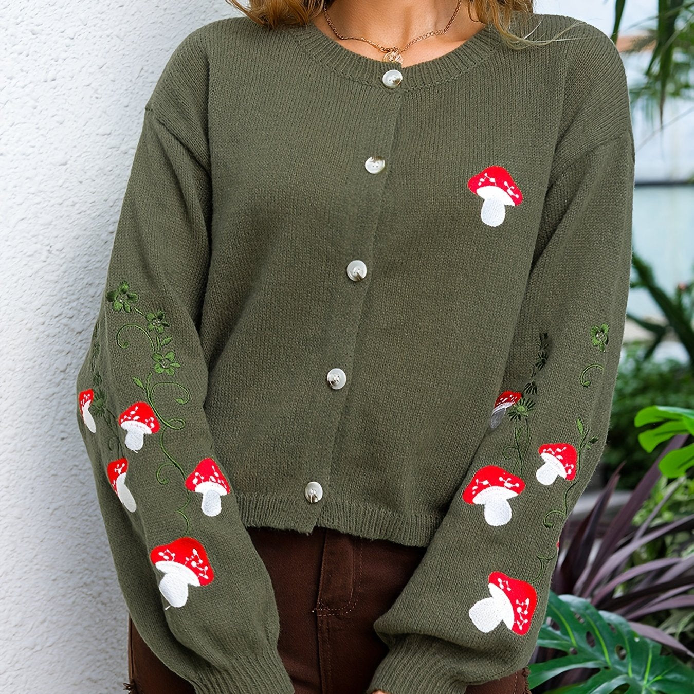 Mushroom Embroidery Knit Cardigan, Cute Button Front Long Sleeve Sweater, Women's Clothing