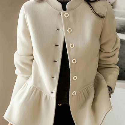 Button Front Solid Coat, Casual Long Sleeve Fall & Winter Outerwear, Women's Clothing