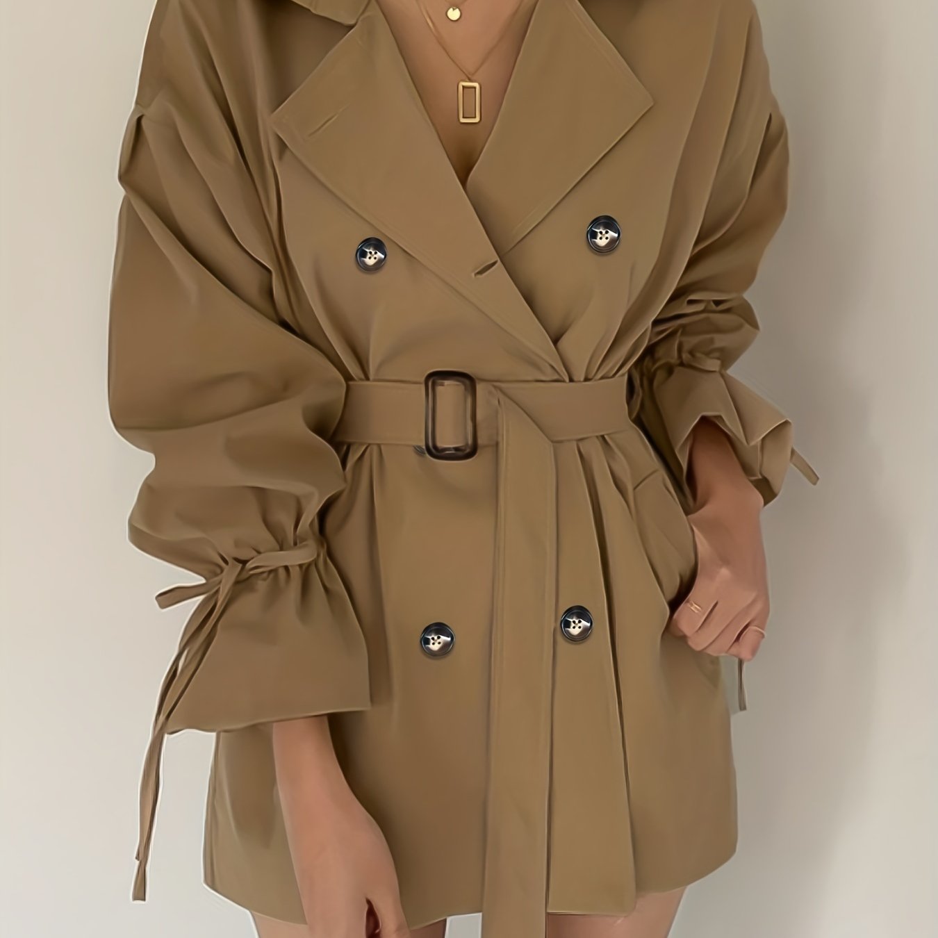 dunnmall Double Breasted Lapel Trench Coat, Elegant Solid Drawstring Long Sleeve Outerwear, Women's Clothing