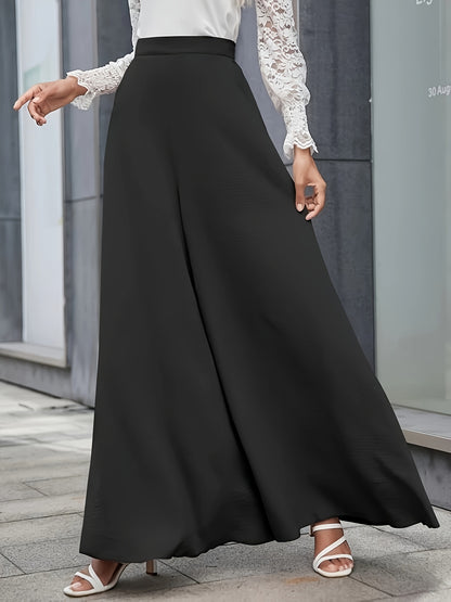 dunnmall  Solid High Waist Wide Leg Pants, Casual Floor Length Slant Pocket Pants, Women's Clothing