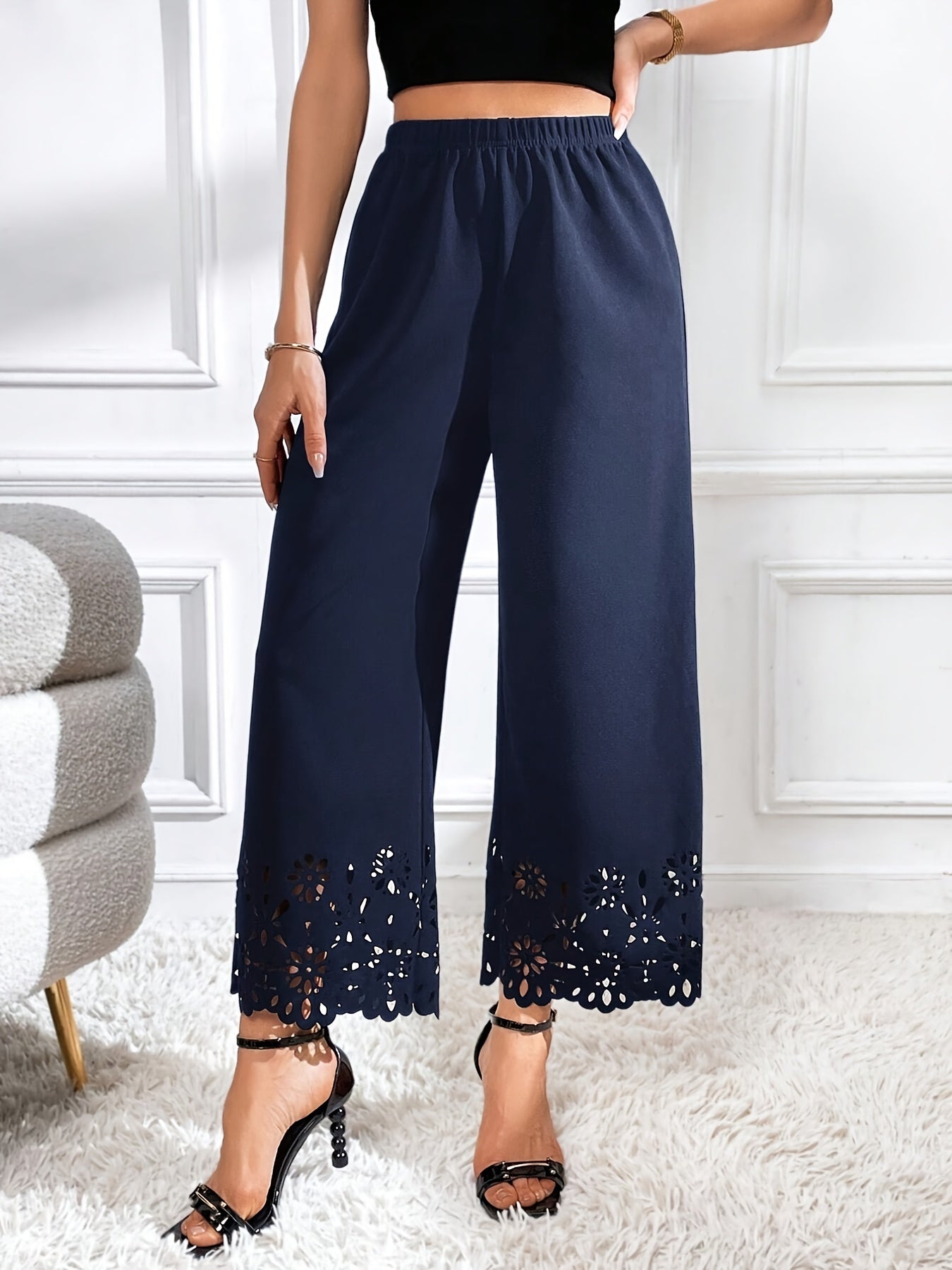 dunnmall  Lace Stitching Wide Leg Pants, Casual Elastic Waist Solid Pants, Women's Clothing