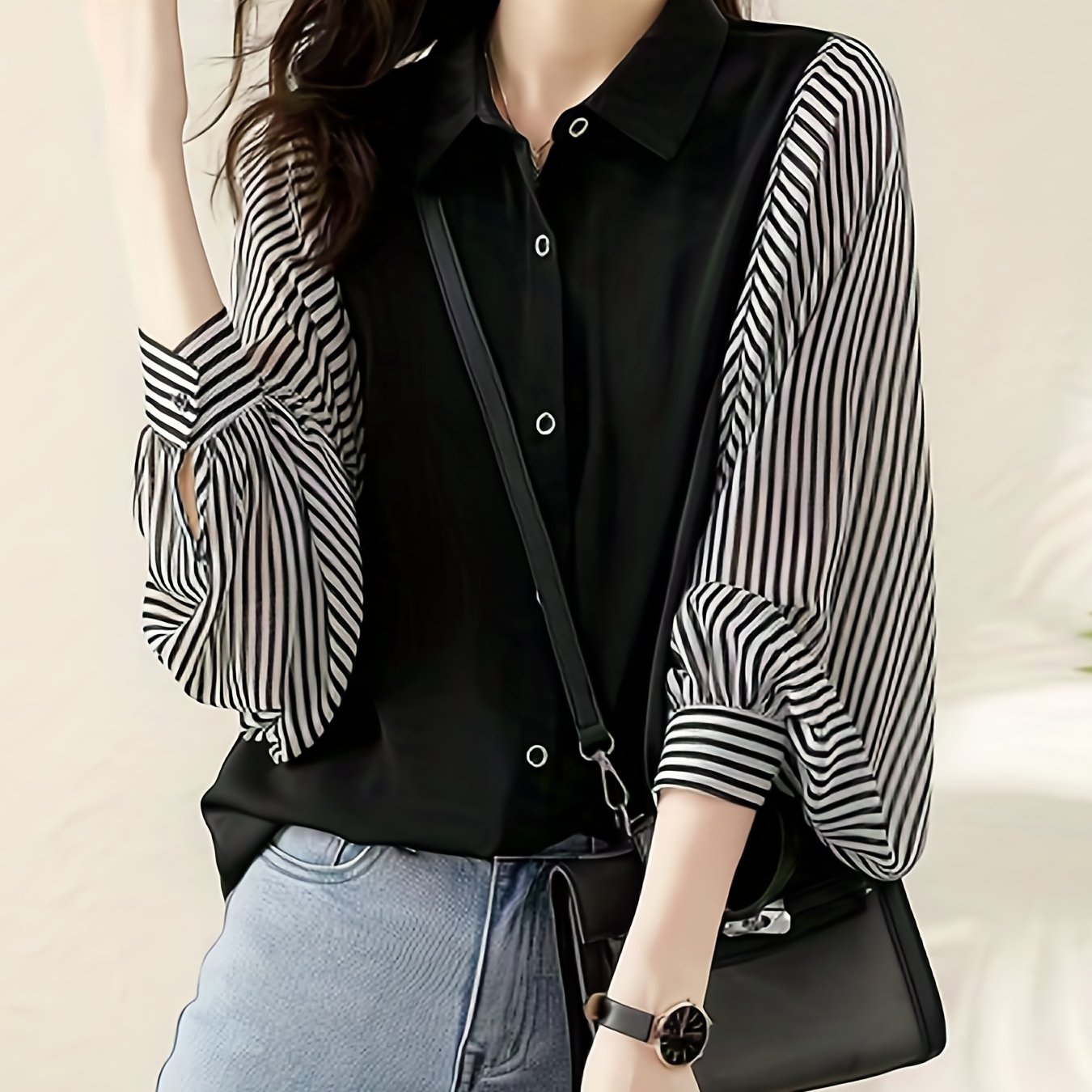 dunnmall  Striped Print Splicing Shirt, Casual Button Front Long Sleeve Shirt, Women's Clothing