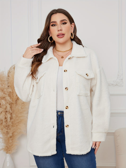 Plus Size Cute Winter Coat, Women's Plus Long Sleeve Button Up Teddy Coat With Flap Pockets