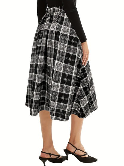 Plaid Print High Waist Button Skirt, Elegant A Line Flare Midi Skirt, Women's Clothing