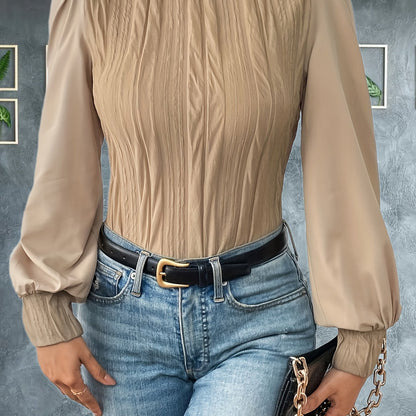 dunnmall  Solid Ruched Blouse, Casual High Neck Long Sleeve Versatile Blouse, Women's Clothing