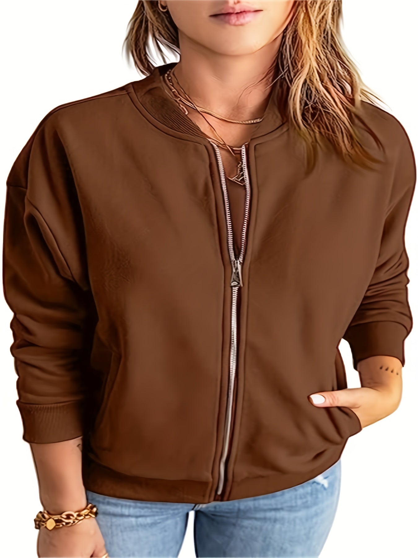 Plus Size Sporty Jacket, Women's Plus Solid Long Sleeve Zipper Jacket With Pockets