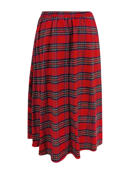 dunnmall  Plus Size Preppy Skirt, Women's Plus Plaid Print Elastic Waisted A-line Swing Skirt With Pockets