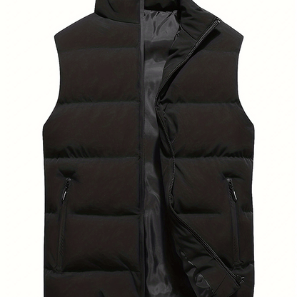 dunnmall  Warm Winter Vest, Men's Casual Zipper Pockets Stand Collar Zip Up Cotton Padded Vest For Fall Winter