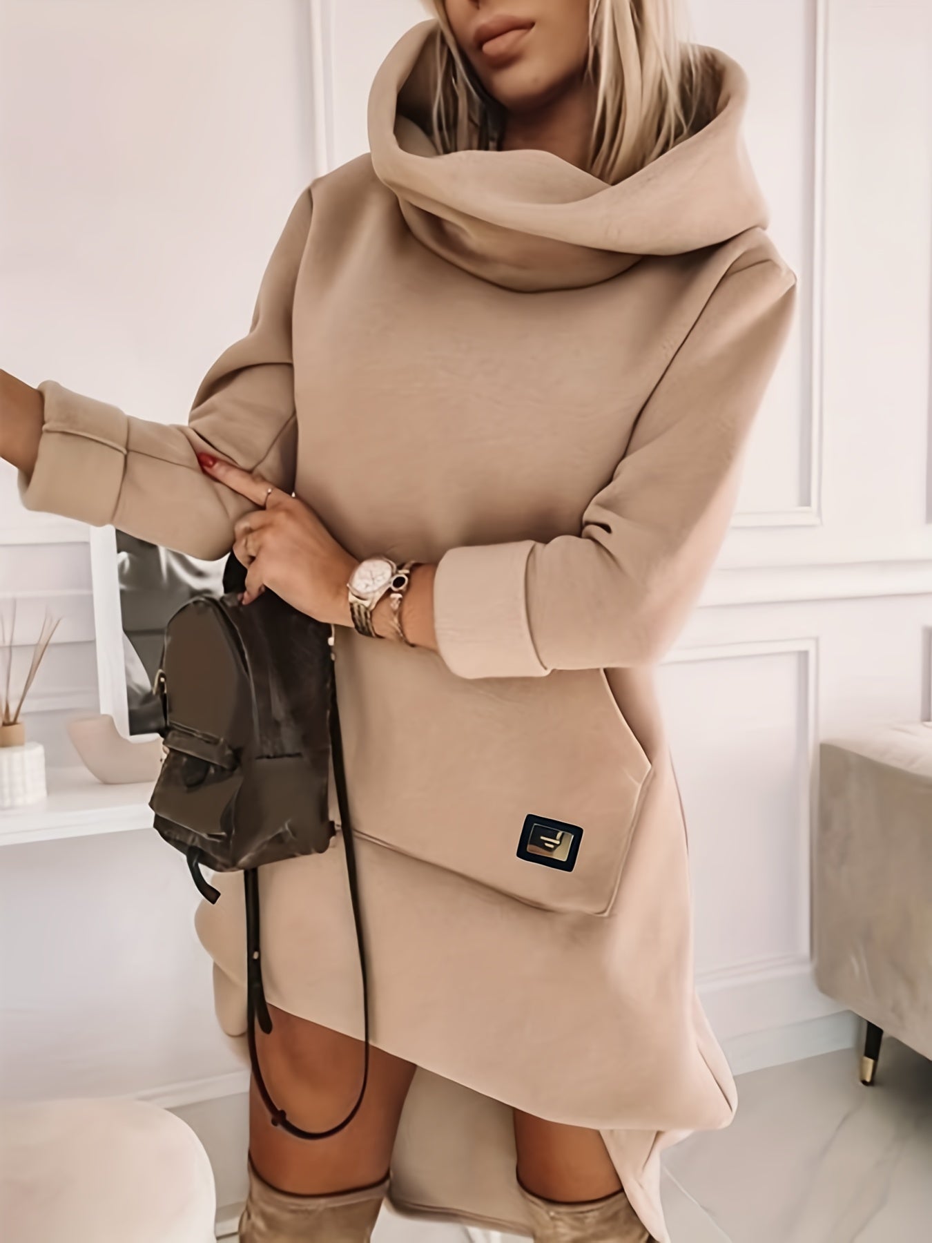 dunnmall  Hooded Solid Sweatshirt Dress, Casual Long Sleeve Kangaroo Pocket Midi Dress, Women's Clothing