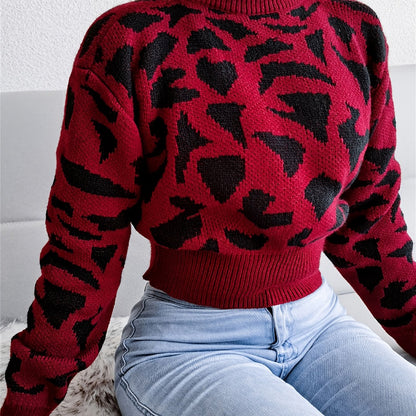 dunnmall  Leopard Print Crop Sweater, Casual Crew Neck Long Sleeve Sweater, Casual Tops For Fall & Winter, Women's Clothing