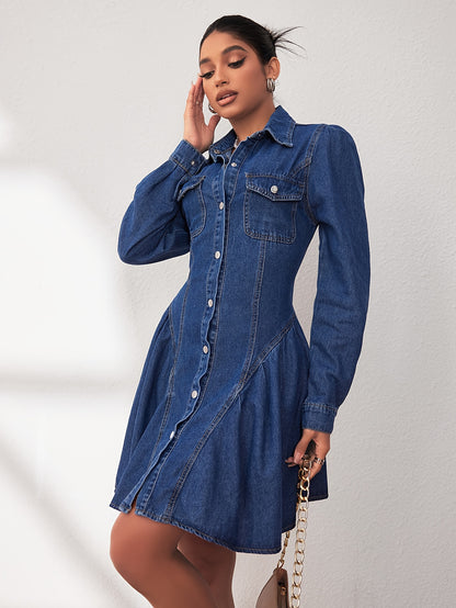 dunnmall  Ruffled Single-breasted Long Sleeve Denim Dress, Lapel Plain Washed Blue Retro Elegant Denim Dress, Women's Denim Jeans & Clothing