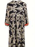 dunnmall  Ethnic Floral Print Dress, Boho V Neck Lantern Sleeve Dress, Women's Clothing