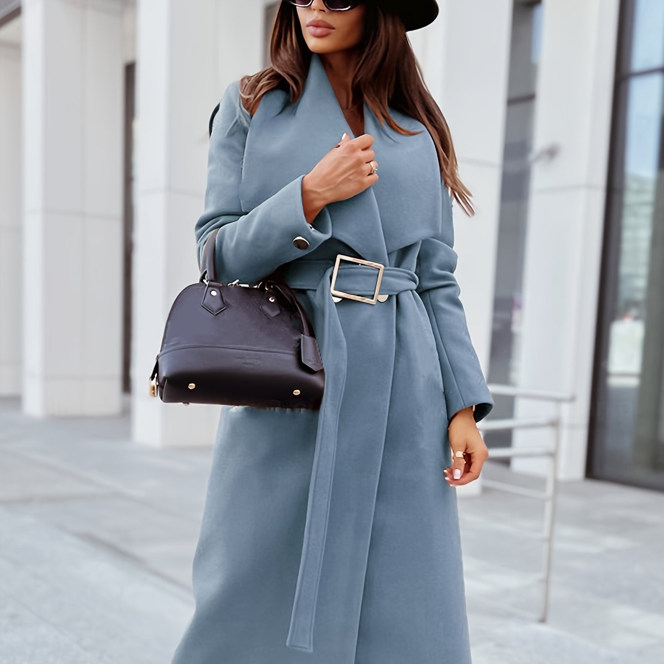 Elegant Lapel Belt Long Coat, Casual Long Sleeve V-neck Fashion Loose Fall Winter Long Outerwear, Women's Clothing