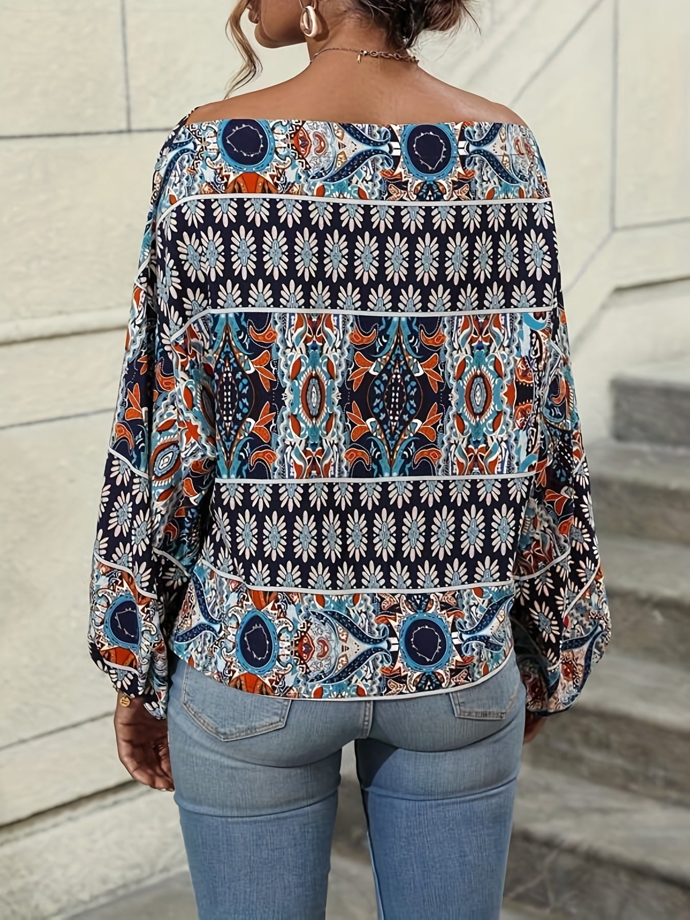 dunnmall  Ethnic Graphic Print Blouse, Casual Off Shoulder Long Sleeve Blouse, Women's Clothing