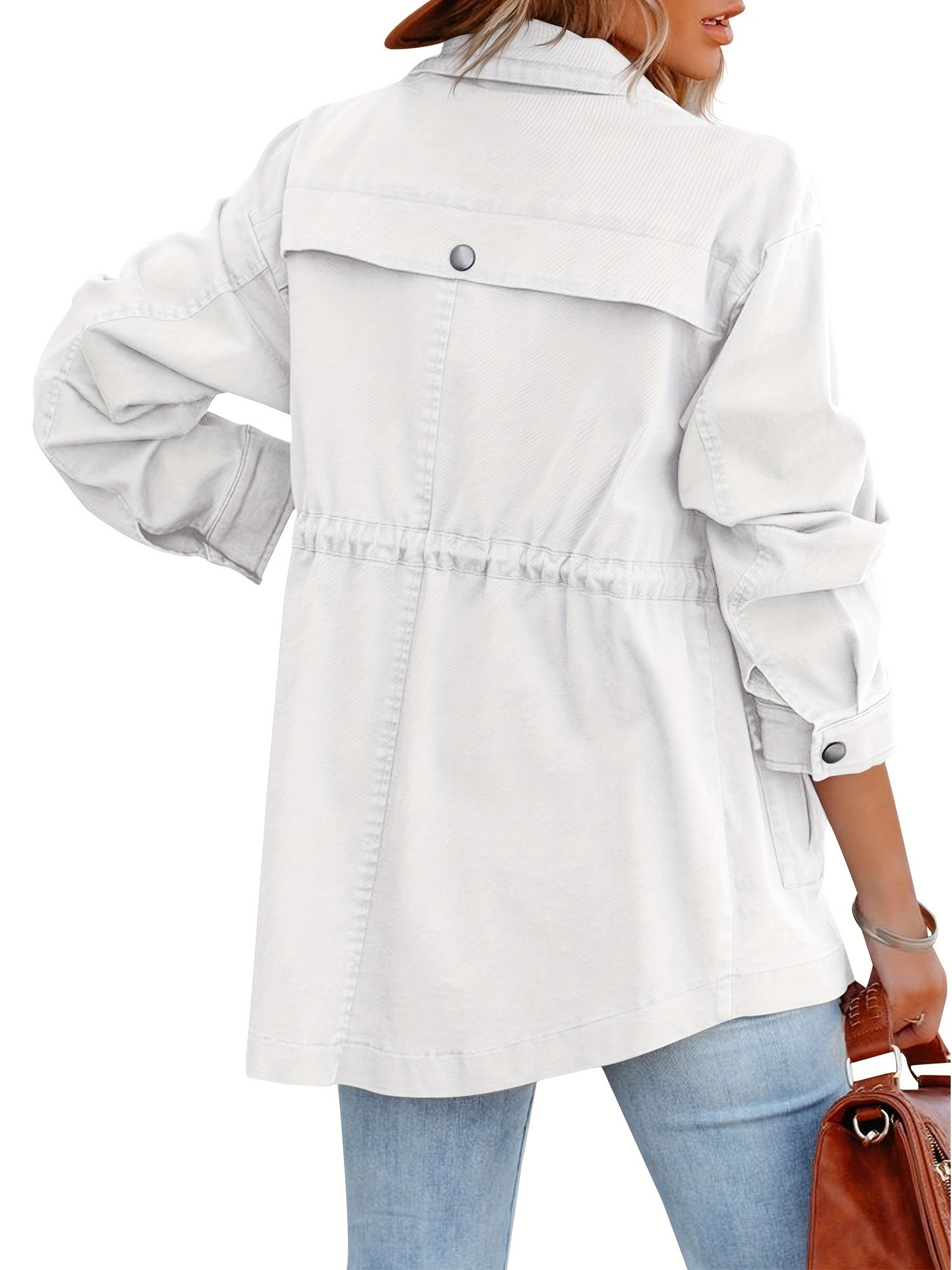 Button Flap Pockets Drawstring Jacket, Casual Long Sleeve Jacket For Fall & Winter, Women's Clothing