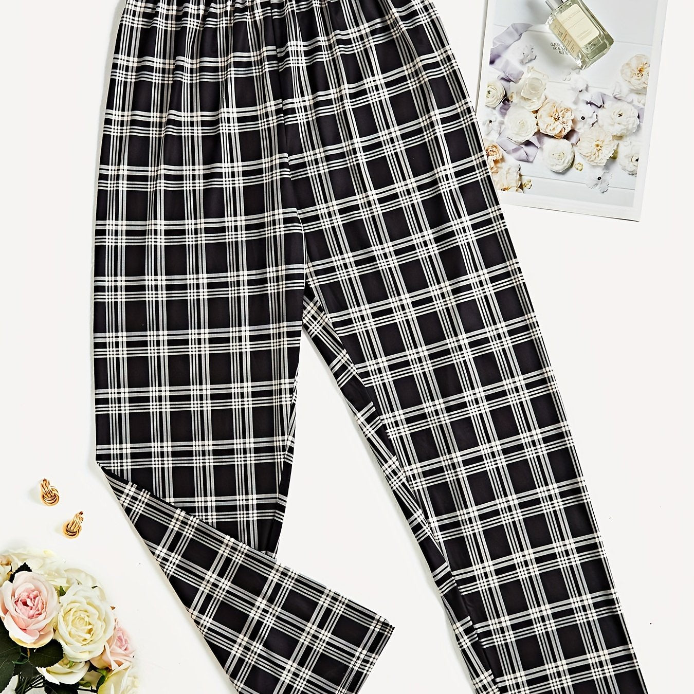 dunnmall  Colorblock Plaid Sleep Bottoms, Casual Comfy Elastic Waistband Lounge Pants, Womens Loungewear & Sleepwear