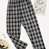 dunnmall  Colorblock Plaid Sleep Bottoms, Casual Comfy Elastic Waistband Lounge Pants, Womens Loungewear & Sleepwear