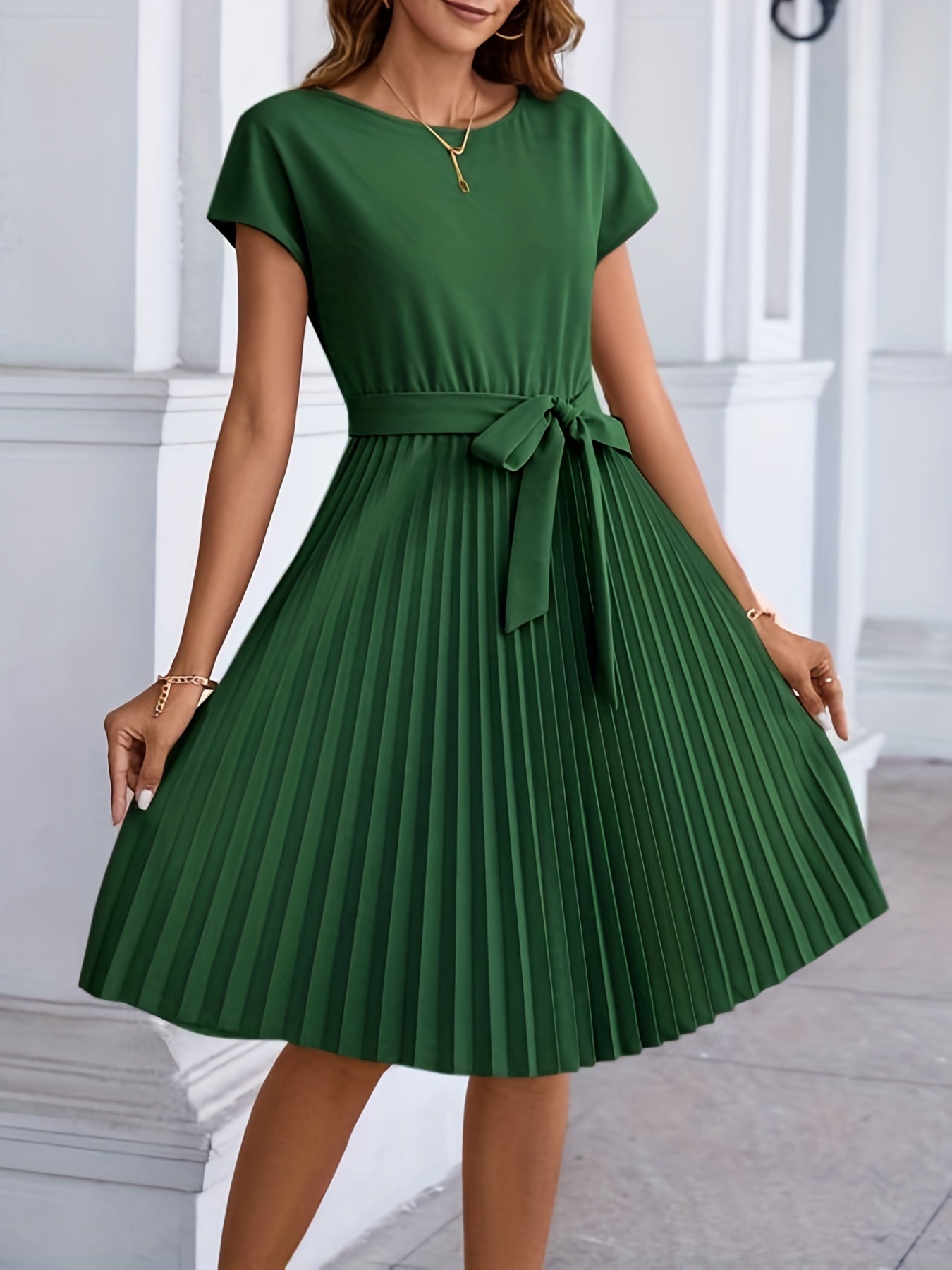 dunnmall  Pleated Tie Front Dress, Casual Solid Short Sleeve Dress For Spring & Summer, Women's Clothing