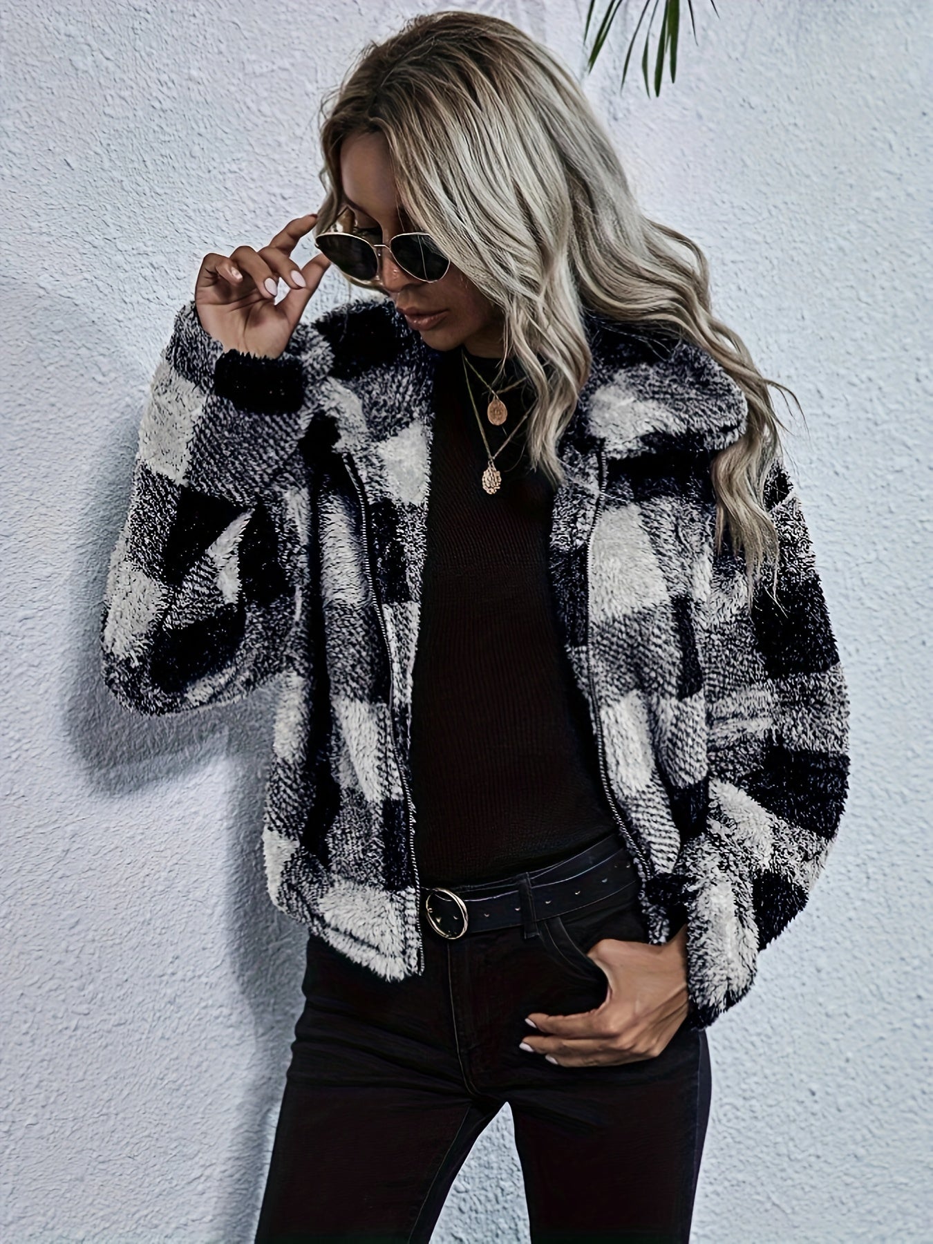 Zip Front Plaid Print Plush Coat, Long Sleeve Lapel Teddy Jacket For Fall & Winter, Women's Clothing