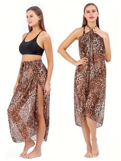 dunnmall  Random Print Cover Up Wrap, Semi-Sheer Non-Stretch Tie Side Beachwear Skirt, Women's Swimwear & Clothing