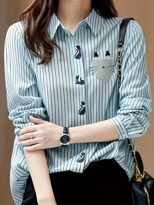 Striped Cat Embroidered Button Front Shirt, Casual Long Sleeve Shirt For Spring & Fall, Women's Clothing