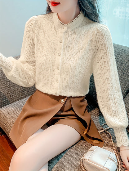 xieyinshe Button Front Textured Blouse, Chic Long Sleeve Top For Spring & Fall, Women's Clothing