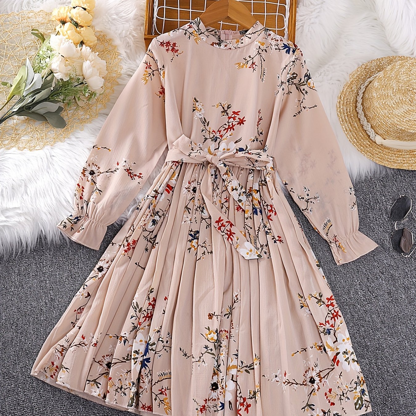 dunnmall  Girl's Floral Allover Flounce Long Sleeve Pleated Hem Mock Neck Belted Dress For Summer