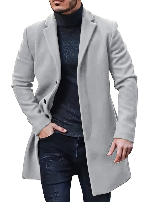 Men'S Plus Size Vintage Casual Lapel Collar Jacket - 100% Polyester Solid Color Non-Stretch Fabric, Fall/Winter Single-Breasted Regular Fit Pea Coat with Button Details and Polyester Lining