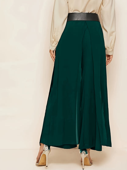 Solid Color Wide Leg Pants, Elegant High Waist Chiffon Pants For Spring & Fall, Women's Clothing