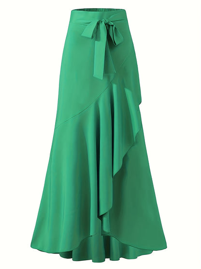 Plus Size Elegant Skirt, Women's Plus Tie Front Ruffle Trim Wrap Hem Solid Maxi Skirt