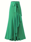 Plus Size Elegant Skirt, Women's Plus Tie Front Ruffle Trim Wrap Hem Solid Maxi Skirt