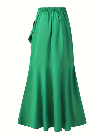 Plus Size Elegant Skirt, Women's Plus Tie Front Ruffle Trim Wrap Hem Solid Maxi Skirt