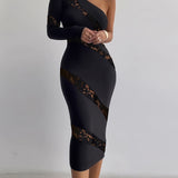 Bodycon One Shoulder Dress, Elegant Contrast Lace Asymmetrical Dress, Women's Clothing