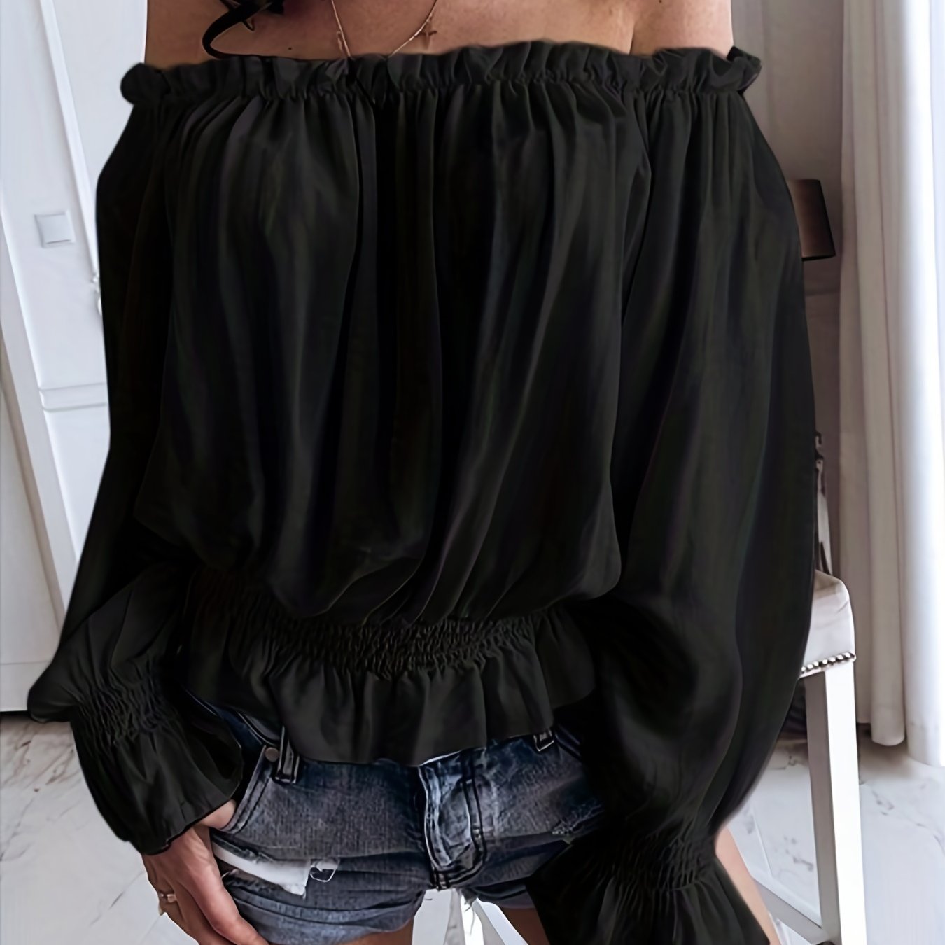 Off Shoulder Ruffle Trim Blouse, Casual Long Sleeve Blouse For Spring & Fall, Women's Clothing