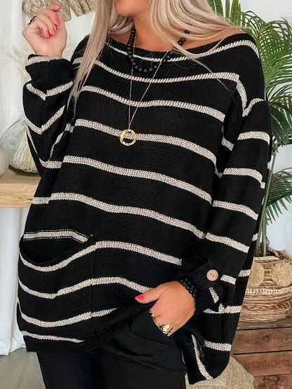 dunnmall  Striped Boat Neck Pullover Sweater, Vintage Long Sleeve Pocket Loose Sweater For Spring & Fall, Women's Clothing