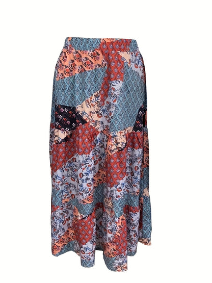 Plus Size Boho Skirt, Women's Plus Stitching Floral Print High Rise Pleated Maxi Skirt