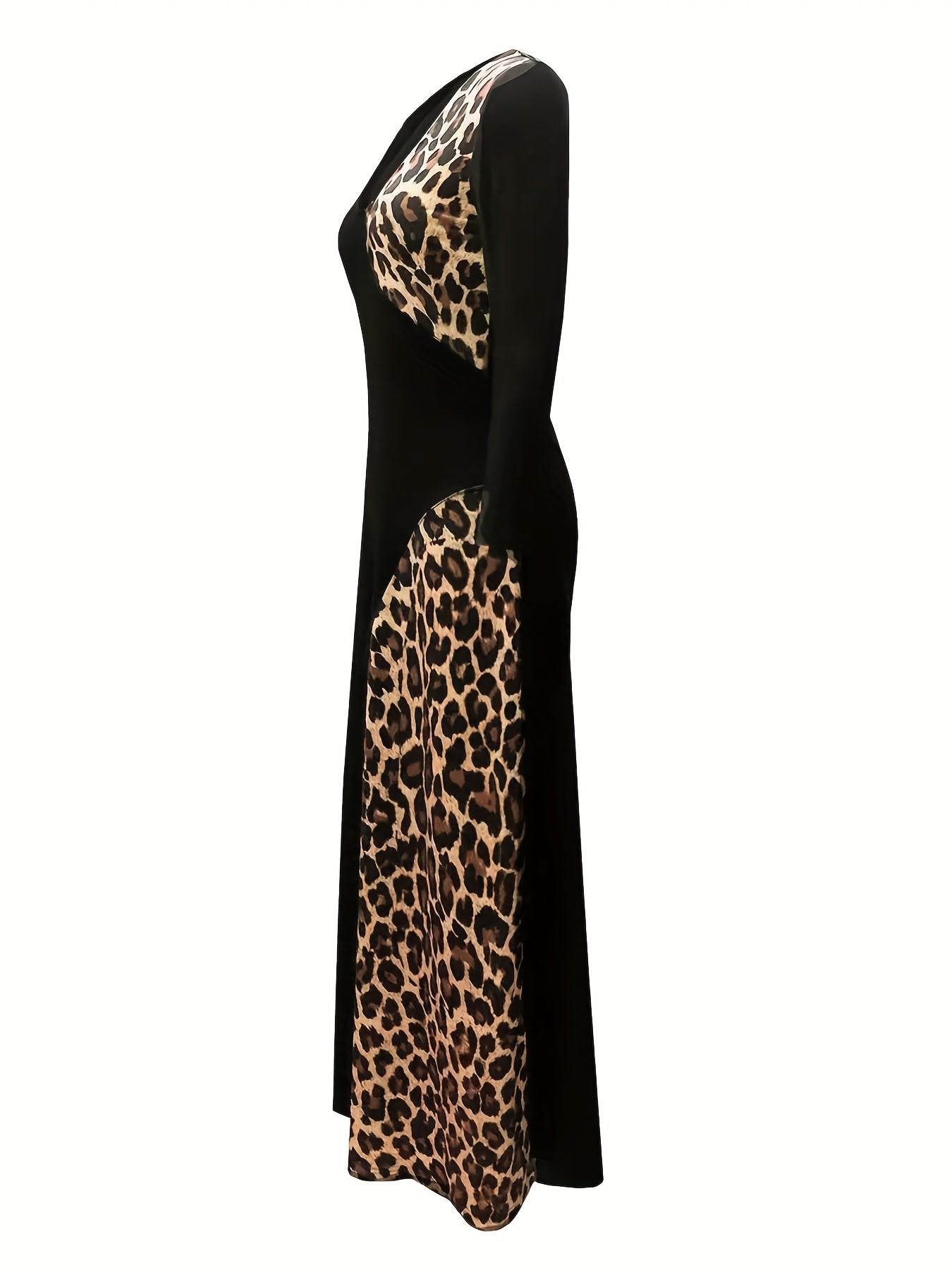 dunnmall Plus Size Casual Dress, Women's Plus Colorblock Leopard Print Long Sleeve V Neck Slim Fit Maxi Dress