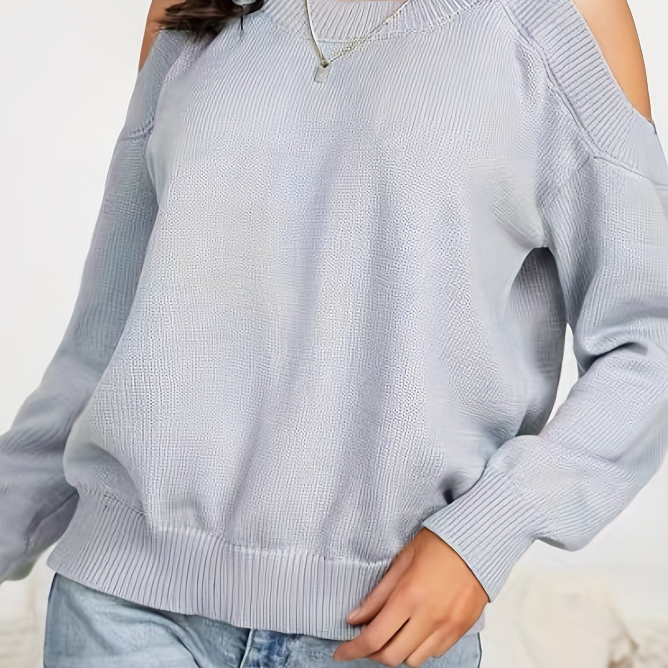 dunnmall  Solid Cold Shoulder Pullover Sweater, Casual Crew Neck Long Sleeve Sweater For Spring & Fall, Women's Clothing