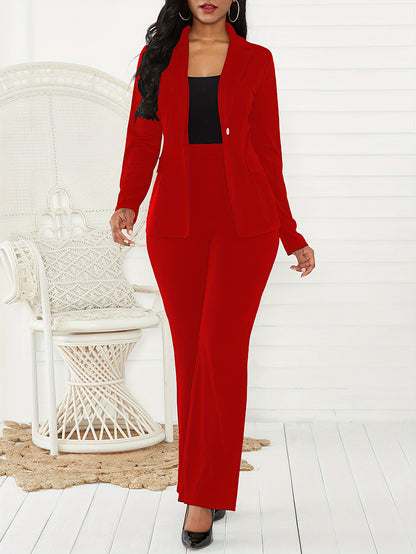 Elegant Solid Two-piece Set, Single Breasted Lapel Blazer & Straight Leg Pants Outfits, Women's Clothing