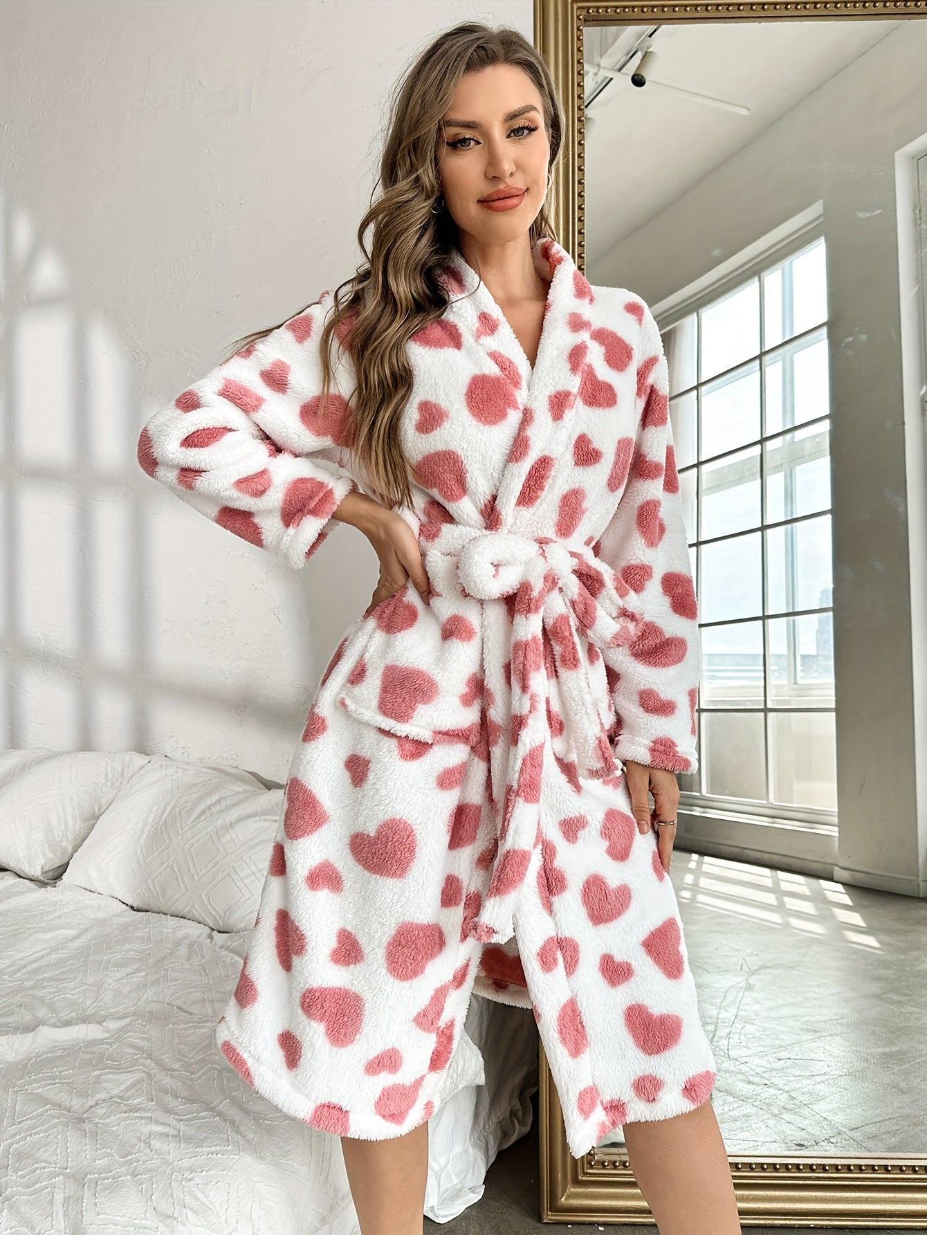 Elegant Heart Pattern Fleece Thickened Night Robe For Fall & Winter, Long Sleeve V Neck Robe With Pockets, Women's Sleepwear & Dresses