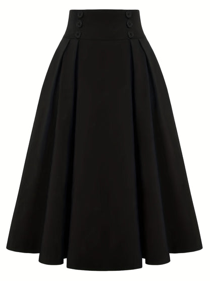 Versatile Solid Pleated Skirts, Elegant Button Front High Waist Skirts, Women's Clothing