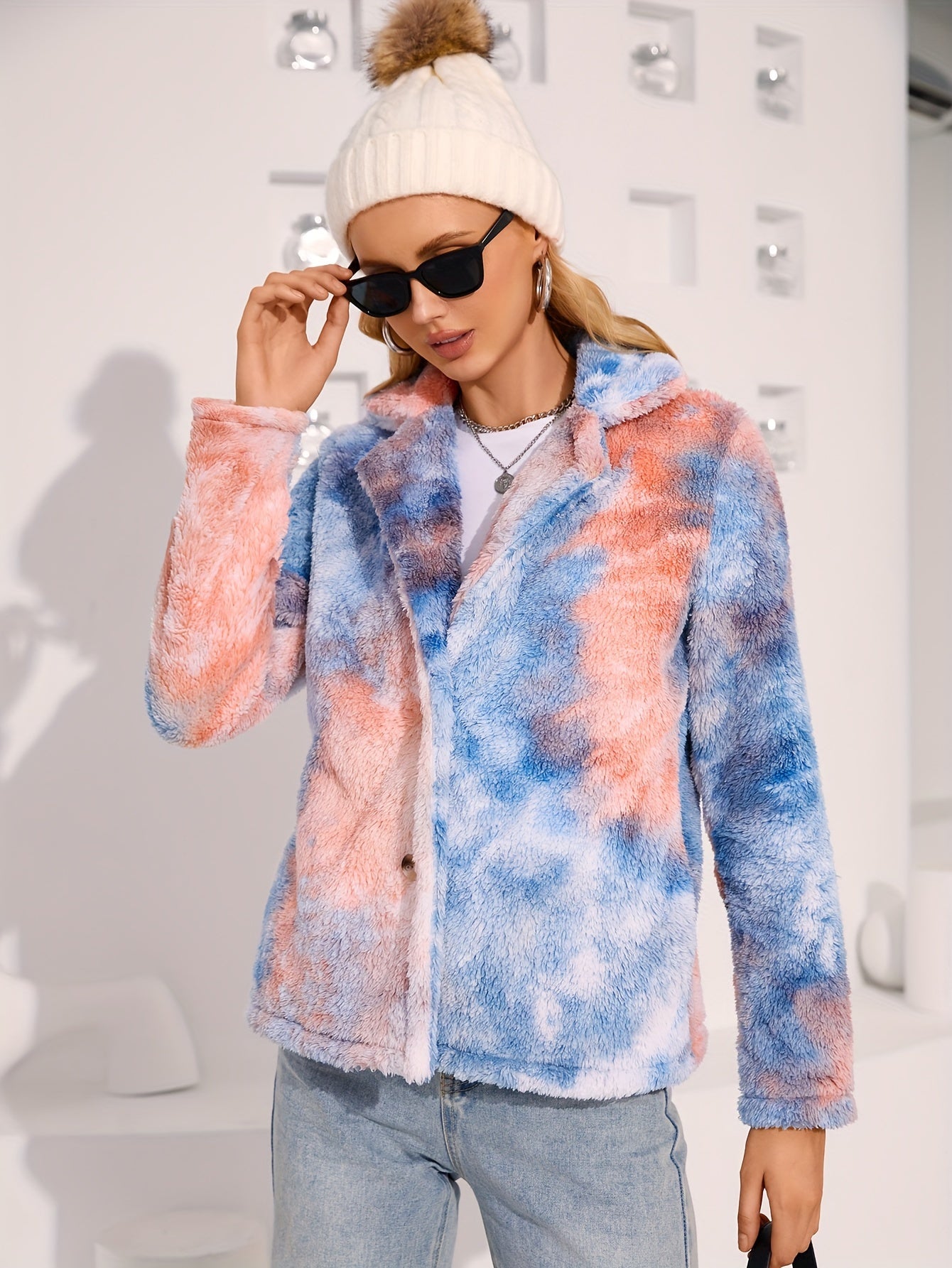 Tie Dye Fuzzy Fall & Winter Jacket, Elegant Open Front Long Sleeve Outerwear, Women's Clothing