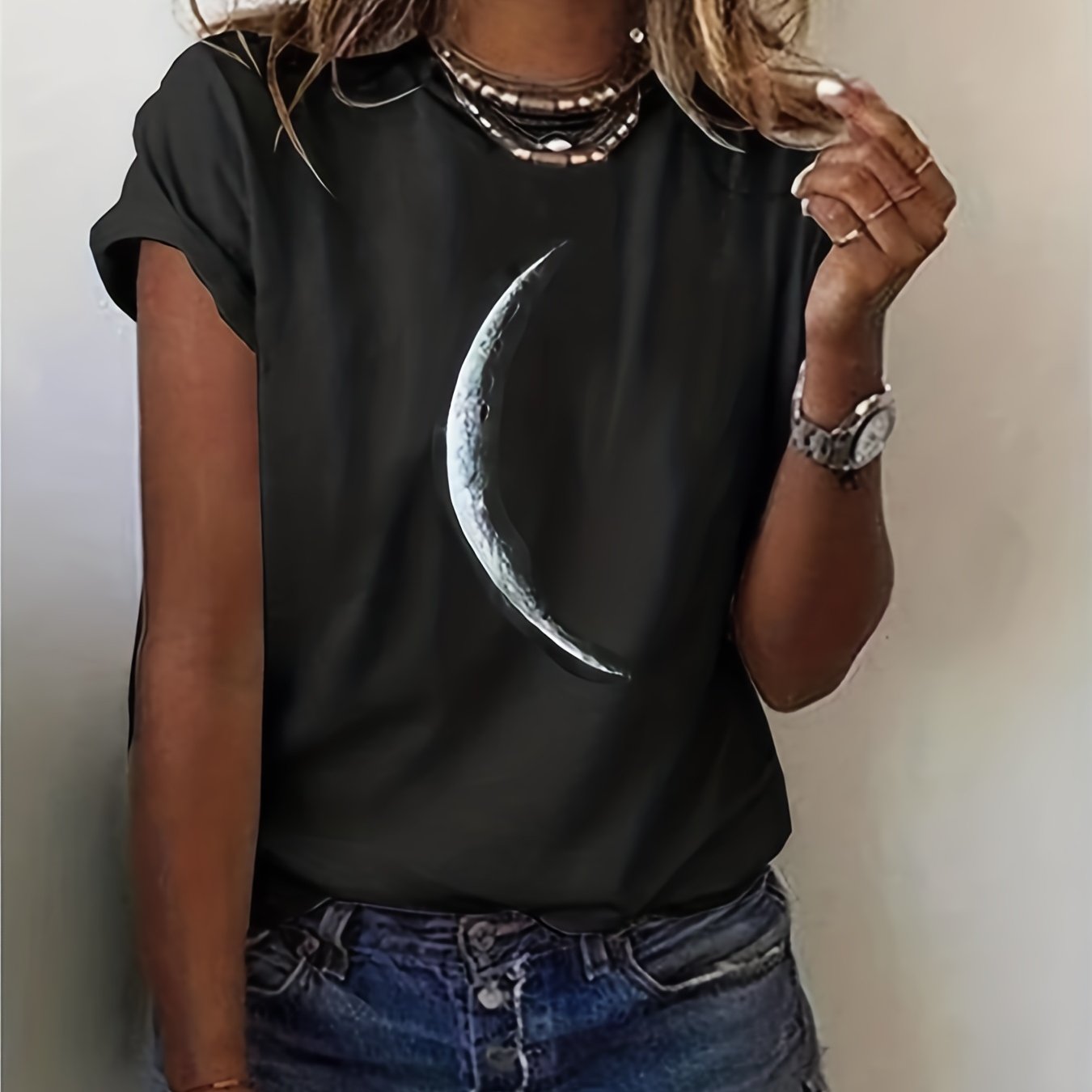 Moon Print Crew Neck T-Shirt, Casual Short Sleeve T-Shirt For Spring & Summer, Women's Clothing