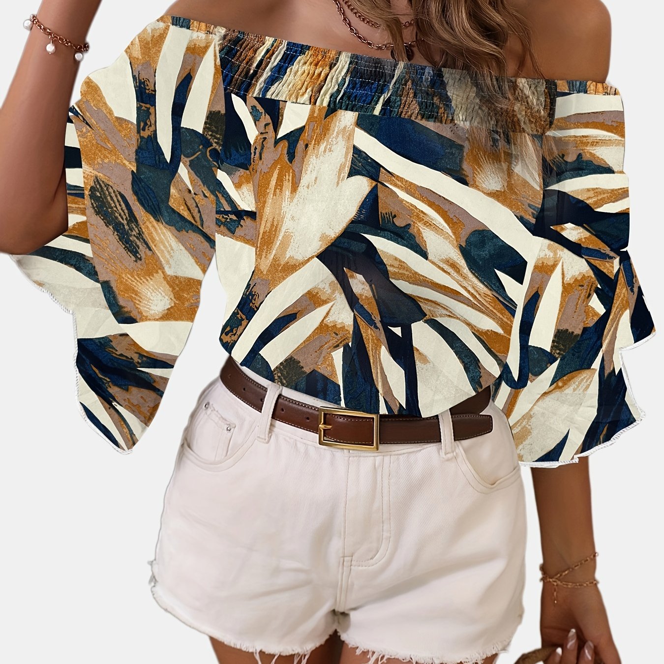 dunnmall  Allover Print Off Shoulder Blouse, Casual Blouse For Spring & Summer, Women's Clothing